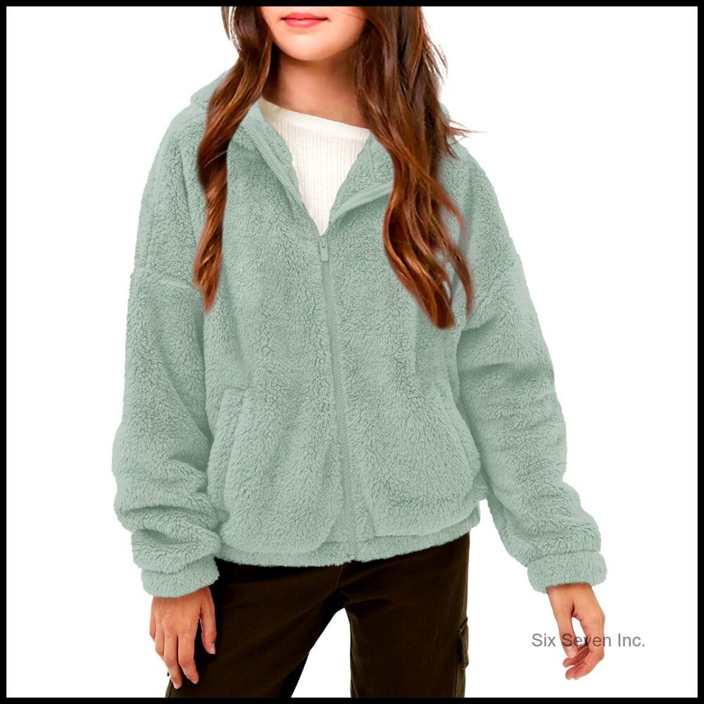 Soft Fleece Zip-Up Hoodie With Pockets Kids Outerwear Cozy Warm Jacket